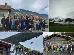 Collage mit Bildern - Gruppen bild und Wanderung im Schnee.