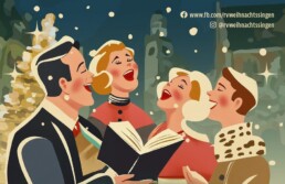 4 Personen singen in weihnachtlicher Stimmung zusammen im Hintergrund ist der Ravensburger Blaserturm erkennbar