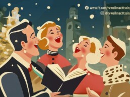 4 Personen singen in weihnachtlicher Stimmung zusammen im Hintergrund ist der Ravensburger Blaserturm erkennbar